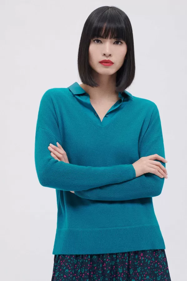 Store CAROLL Pull Mthelmie 100% Cachemire Femme Bleu Turquoise