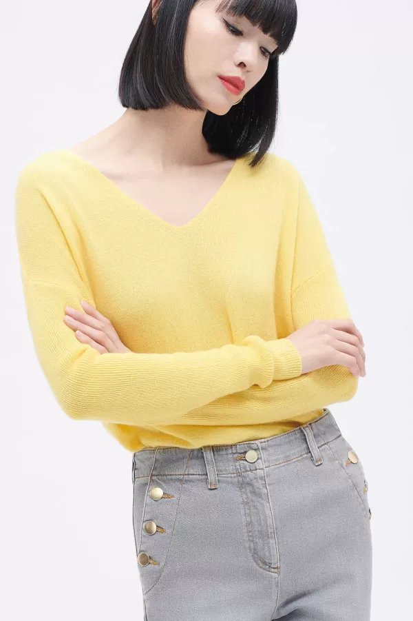 Hot CAROLL Pull Mthelmie 100% Cachemire Femme Jaune Clair