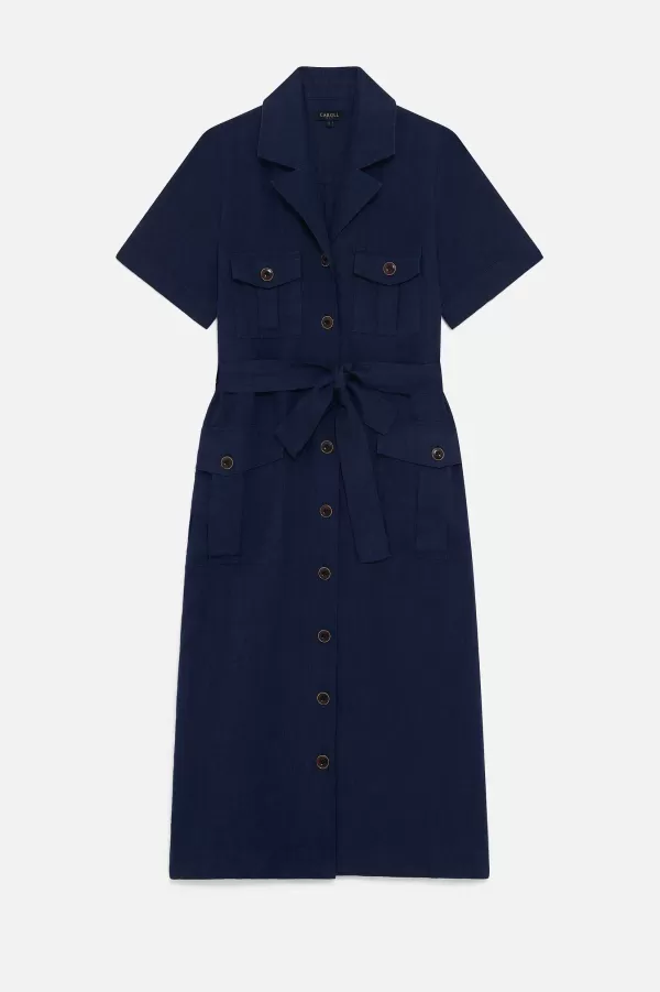 Best CAROLL Robe Rana 100% Lin Femme Bleu Marine